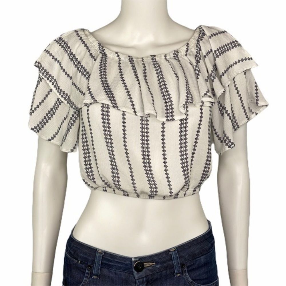 Paper Heart White Blue Ruffled Off Shoulder Crop Top Y2K Festival Boho Size S - Picture 3 of 6